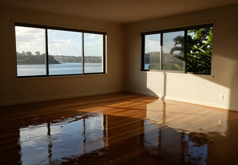 Flooded living room in Zetland apartment before restoration